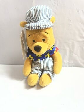 NWT Disney Yellow Choo Choo Winnie the Pooh Plush in Blue Striped Outfit 8 “